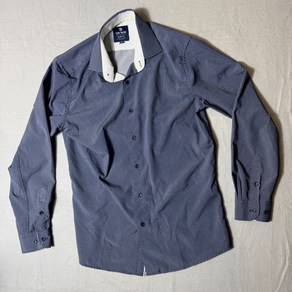 Tom Baine Performance Collection‎ Slim Fit Navy Blue Geometric Stretch Shirt M
